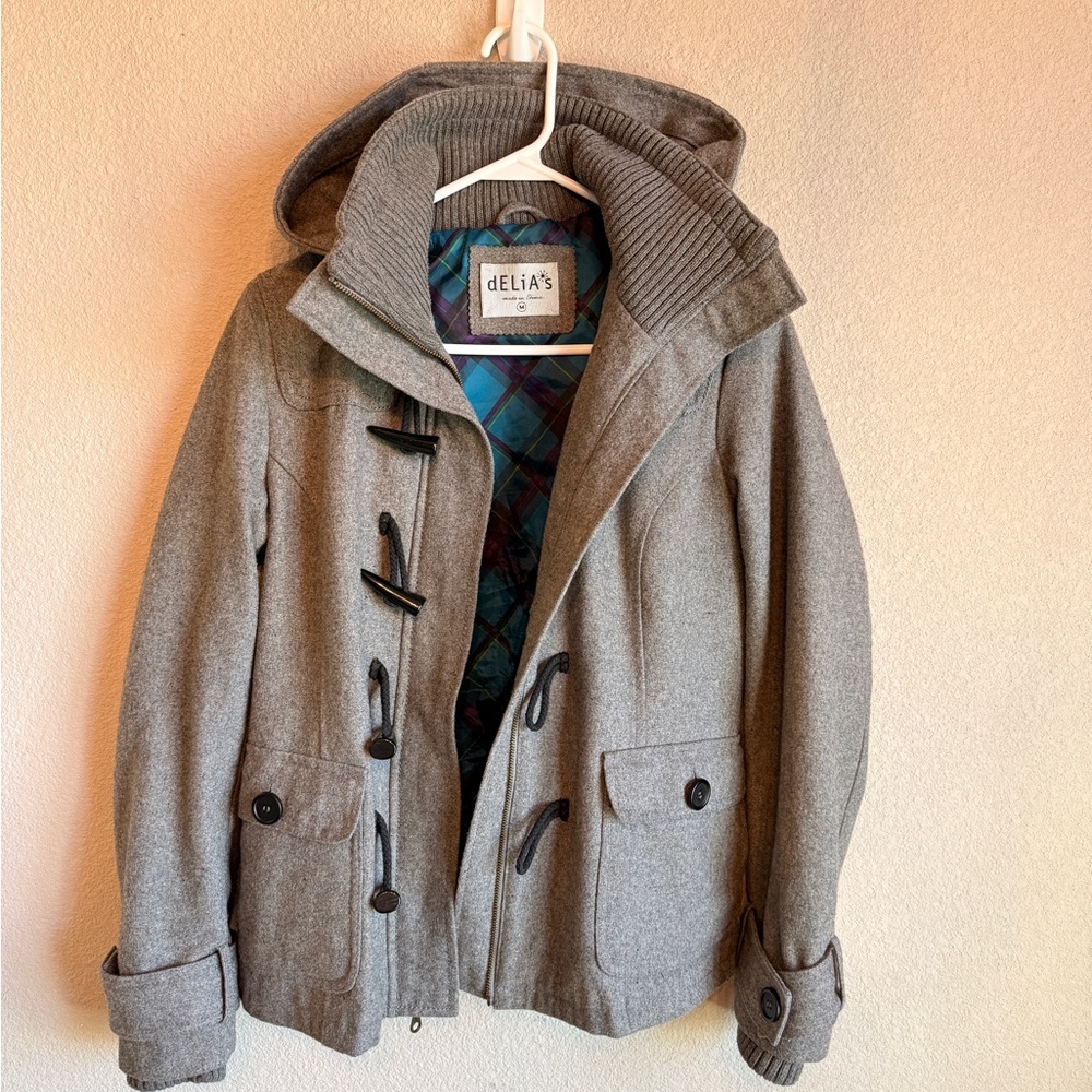 DELIA*S Gray Toggle Hooded Peacoat COAT JACKET Women's M Wool